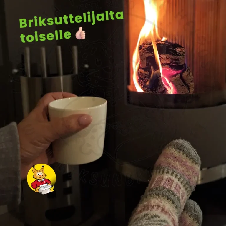 Takka, jossa testaamani Briketti VAALEA palanut takassa melkein tunnin (3 briksua). Kahvikuppi kädessä puubriketti takkatulen ääressä. Briketti on tunnelmallinen polttopuu.