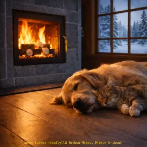 Koira ja kissa mökin takkatulen ääressä talvella.