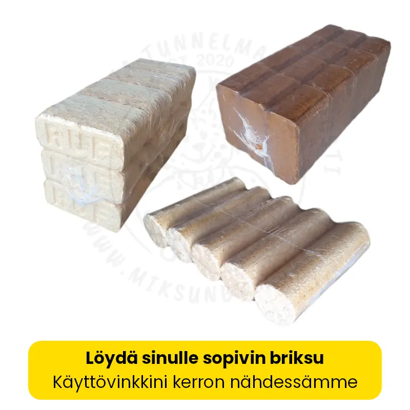 Briketti aloituspaketti: Yksi tiilibriketti vaalea, yksi tiilibriketti tumma ja yksi pyöreä briketti, yht. 30 kg.