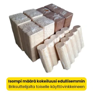 Briketti aloituspaketti: Neljä tiilibriketti vaaleaa, neljä tiilibriketti tummaa ja kaksi pyöreää brikettiä, yht. 100 kg.