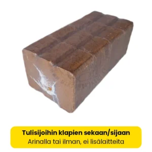 Briketti TUMMA kutistemuovipaketissa, 10 kg. Yhdessä 10kg paketissa on 12 briketin palaa. Briketti TUMMA on toimivaa polttopuuta.