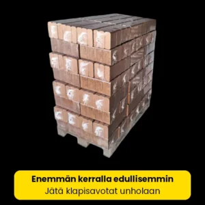 96 kpl Briketti TUMMAA 10 kg kutistemuovipaketissa, yht. 960 kg LAVALLA sääsuojattuna. Yhdessä 10 kg paketissa on 12 briketin palaa.