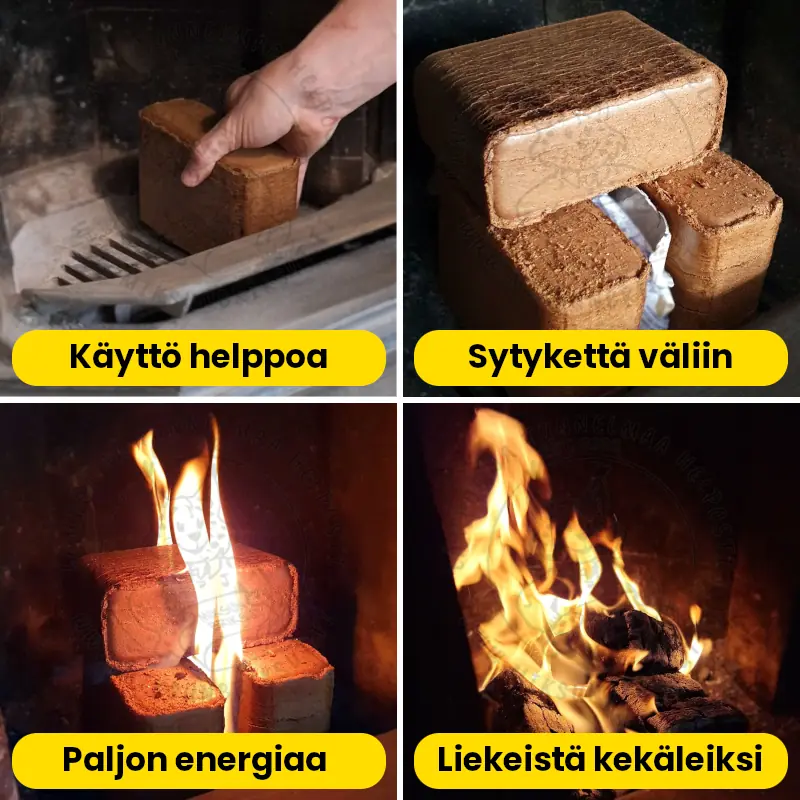 Briketti TUMMAn käyttö on helppoa lämmityksessä. Väliin sytykkeeksi yksi valikoimani sytytysvilla tai puhdasta pahvia, niin puubriketit syttyvät hyvin. Palavat kunnon liekein kovaksi kekäleiksi.