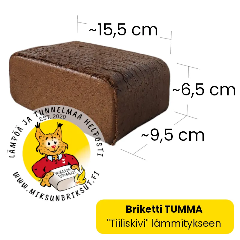 Briketti TUMMAN mittakuva ja Miksun briksut -logo, sisältäen yrityksen moton: Lämpöä ja tunnelmaa helposti jo vuodesta 2020. Briketti on tehokasta polttopuuta!